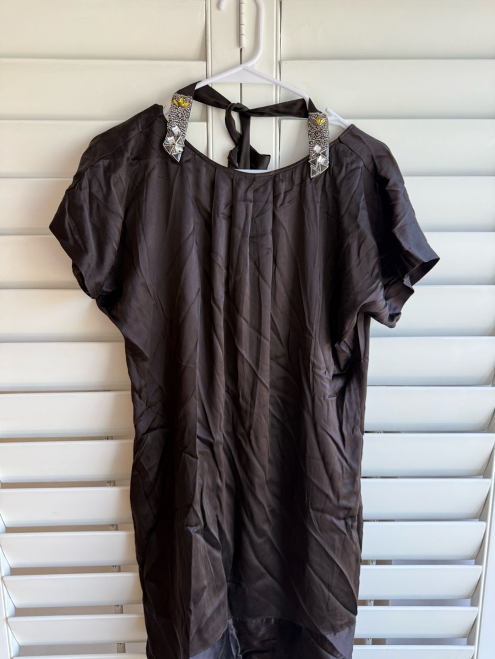y2k BCBG Silk Brown Embellished Short Sleeve Dress sz S